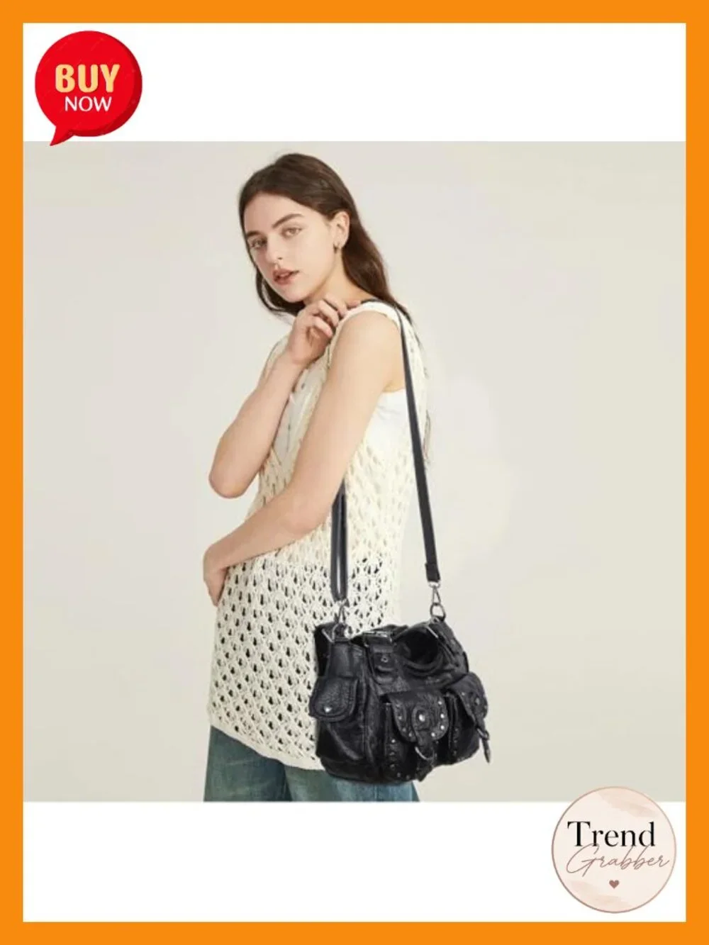 Vegan Leather Hobo Shoulder Bag Multi Pocket Studded Y2K Tote